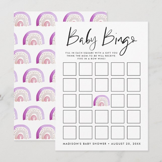 Paarse Waterverf Rainbow Baby shower Bingo Kaart (Voorkant / Achterkant)