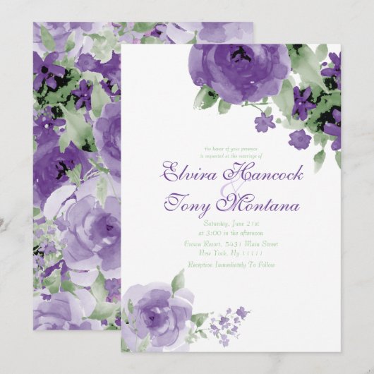 Paarse Waterverf Roos, huwelijksuitnodigingen Kaart (Voorkant / Achterkant)