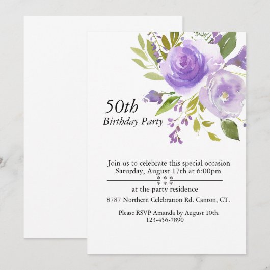 Paarse Waterverf Rozen, 50ste Verjaardag Kaart (Voorkant / Achterkant)
