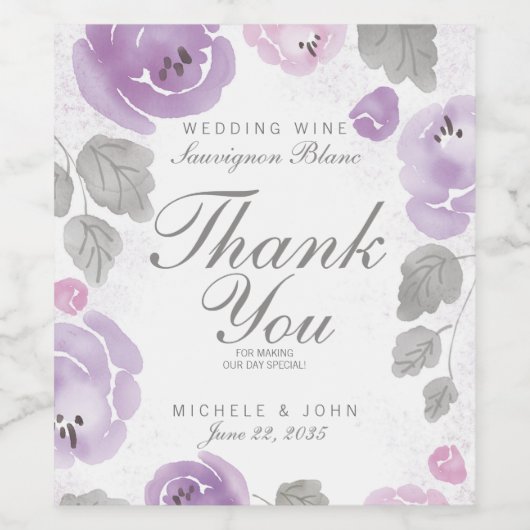 Paarse Waterverf Rozen Dank u Wijnlabel Wijn Etiket (Enkel label)