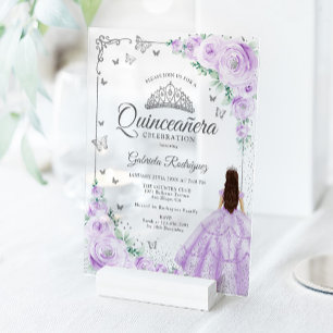 Paarse Waterverf Rozen Zilver Quinceanera Acryl Uitnodigingen