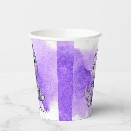 Paarse Waterverf Schattigee Dinosaurus Meisje Baby Papieren Bekers (Links)