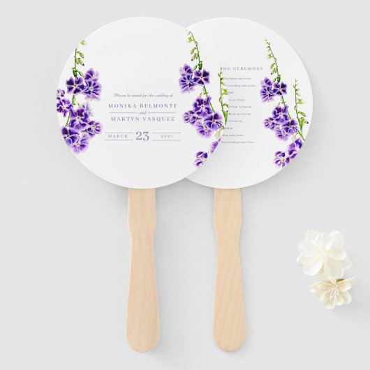 Paarse waterverf skyflower botanische bruiloft handwaaier (Voorkant en achterkant)