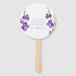 Paarse waterverf skyflower botanische bruiloft handwaaier