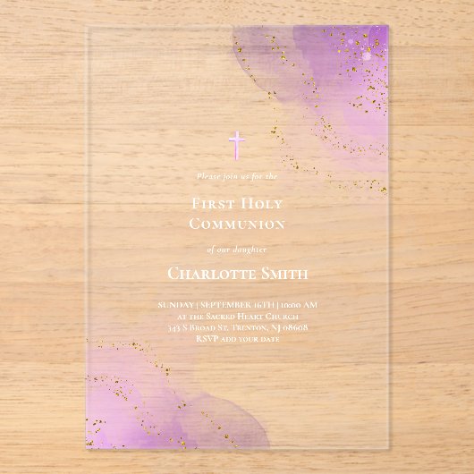 paarse waterverf spat Eerste Heilige Communie Acryl Uitnodigingen (Voorkant)