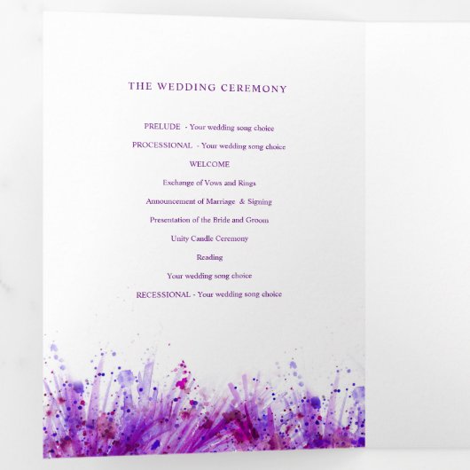Paarse waterverf spetterende kunst met bruiloft drieluik programma (Binnenzijde eerst)