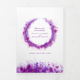 Paarse waterverf spetterende kunst met bruiloft drieluik programma