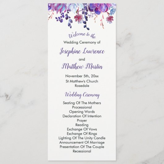 Paarse Waterverf Succulent Trouwprogramma's Programmakaart (Voorkant)