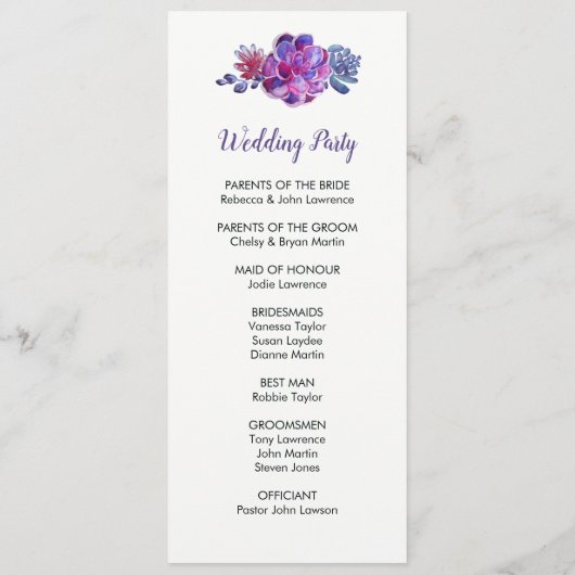 Paarse Waterverf Succulent Trouwprogramma's Programmakaart (Achterkant)