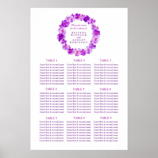 Paarse  waterverf trouwtafel plan poster (Voorkant)
