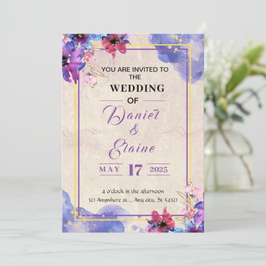 Paarse Waterverf uitnodiging (Staand voorkant)