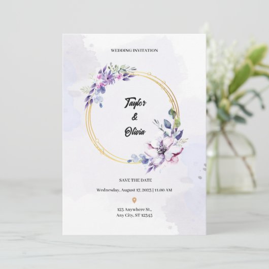 Paarse Waterverf uitnodiging (Staand voorkant)