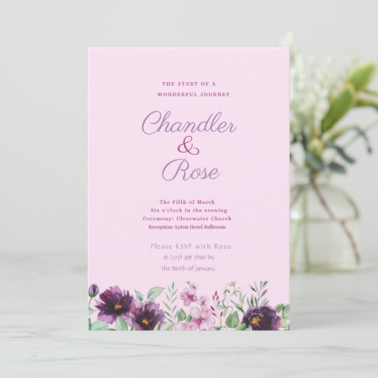 Paarse Waterverf - Uitnodiging tot huwelijk (Staand voorkant)