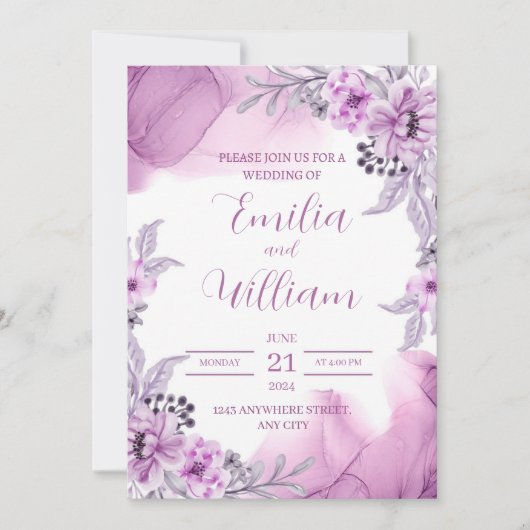 Paarse Waterverf - Uitnodiging tot huwelijk (Voorkant)