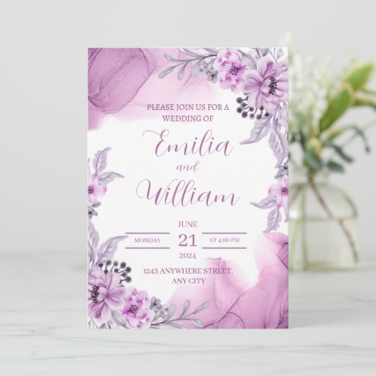 Paarse Waterverf - Uitnodiging tot huwelijk (Staand voorkant)