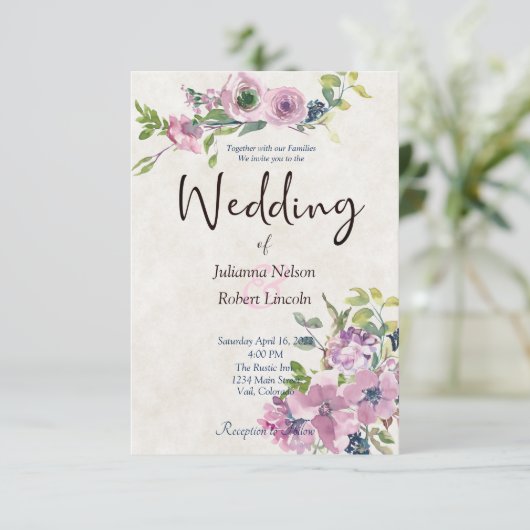 Paarse waterverf - uitnodiging voor een bruiloft (Staand voorkant)