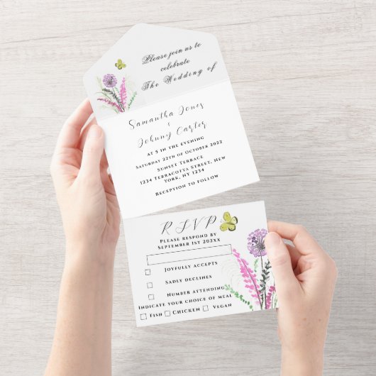 Paarse Waterverf van wilde bloemen All In One Uitnodiging (Afscheurbaar)