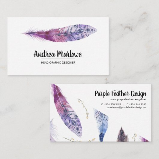 Paarse Waterverf Veer Boho Visitekaartje (Voorkant / Achterkant)