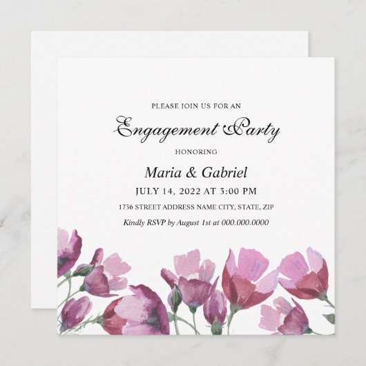 Paarse waterverf ventilator. Floral Engagement Par Kaart (Voorkant / Achterkant)