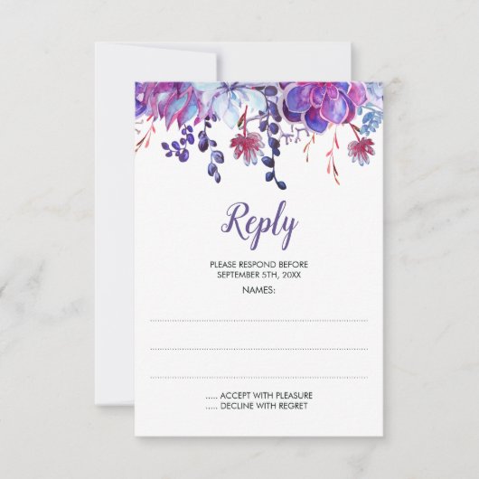 Paarse Waterverf vetplanten bruiloft antwoord Kaar (Voorkant)