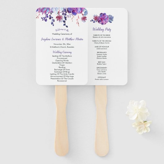 Paarse Waterverf vetplanten bruiloft programma's Handwaaier (Voorkant en achterkant)