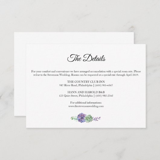 Paarse waterverf vetplanten Details bruidssuite Informatiekaartje (Voorkant / Achterkant)