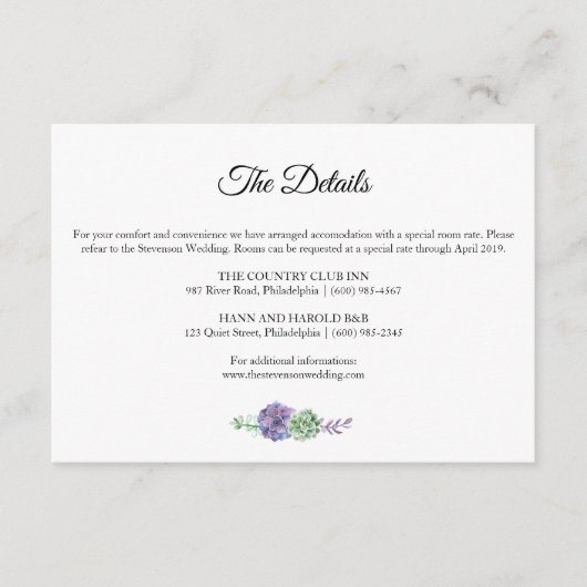 Paarse waterverf vetplanten Details bruidssuite Informatiekaartje (Voorkant)