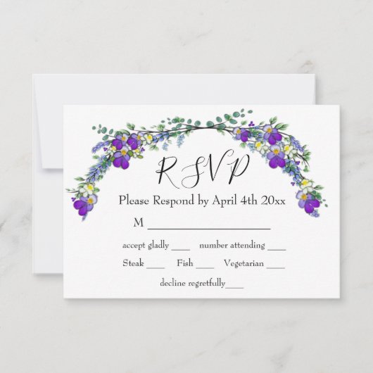Paarse waterverf violet lavendel eucalyptus RSVP kaartje (Voorkant)