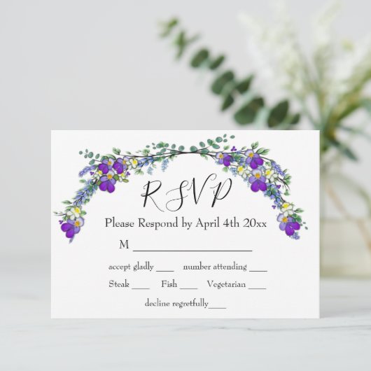 Paarse waterverf violet lavendel eucalyptus RSVP kaartje (Staand voorkant)