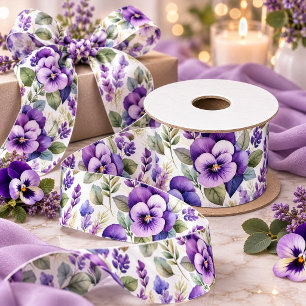 Paarse Waterverf Viooltjes Bloemrijke Elegantie Satijnen Lint