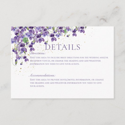 Paarse Waterverf viooltjes bruiloft details Informatiekaartje (Voorkant)