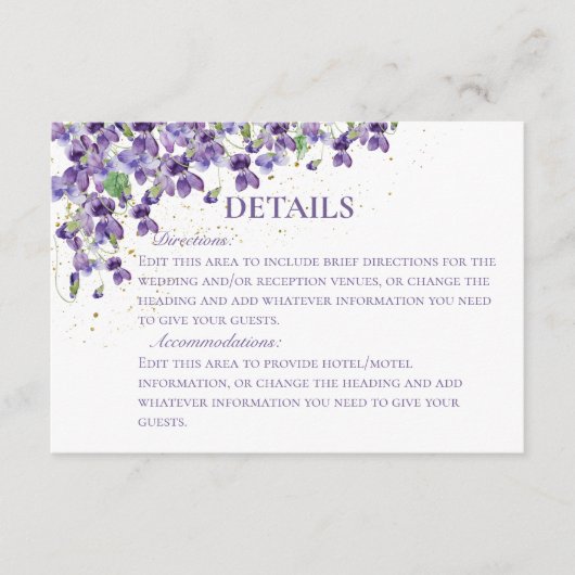 Paarse Waterverf viooltjes bruiloft details Informatiekaartje (Voorkant)