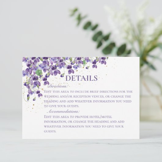 Paarse Waterverf viooltjes bruiloft details Informatiekaartje (Staand voorkant)