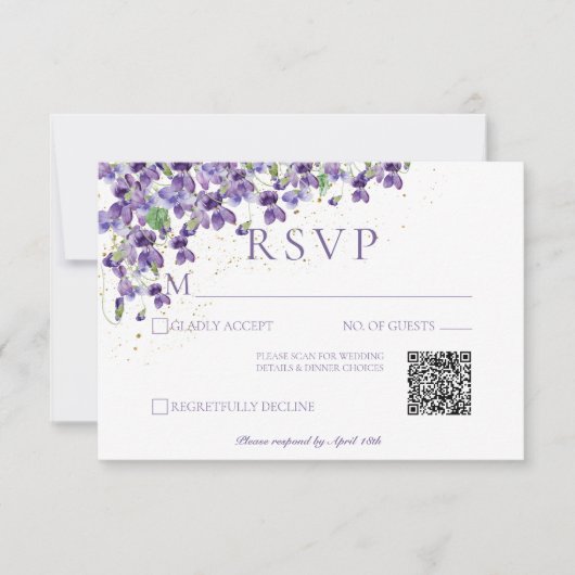 Paarse Waterverf viooltjes bruiloft QR-code RSVP Kaartje (Voorkant)