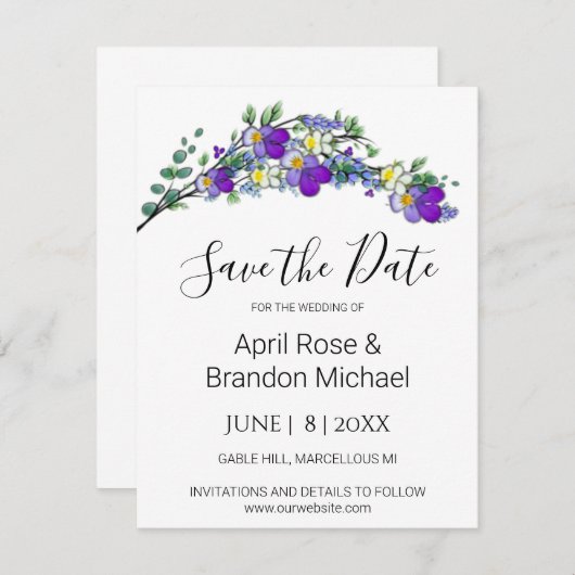 Paarse waterverf viooltjes lavendel eucalyptus save the date (Voorkant / Achterkant)