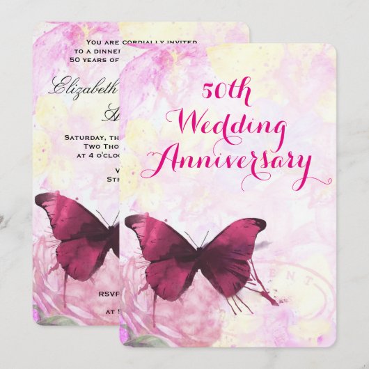 Paarse Waterverf Vlinder Huwelijksjubileum Kaart (Voorkant / Achterkant)