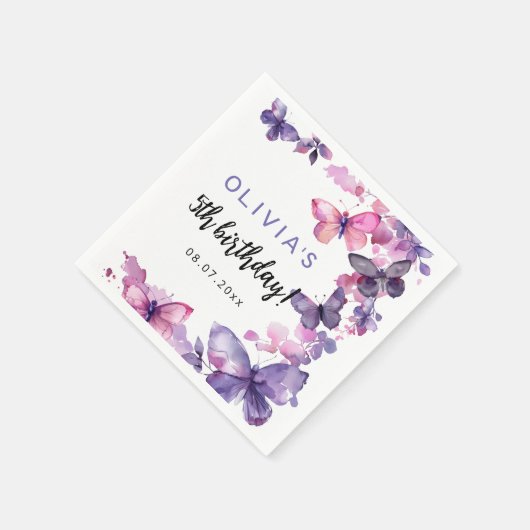 Paarse Waterverf Vlinder Meisje Verjaardag Servet (Hoek)