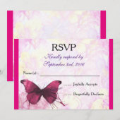 Paarse Waterverf Vlinder op Roze RSVP Kaart (Voorkant / Achterkant)