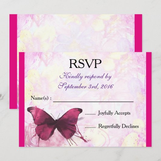 Paarse Waterverf Vlinder op Roze RSVP Kaart (Voorkant / Achterkant)