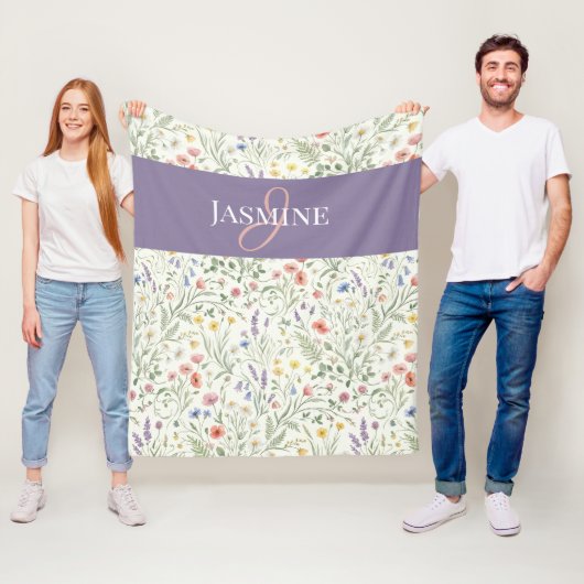 Paarse Waterverf Wilde Bloem Boho Monogram Naam Fleece Deken (In situ)