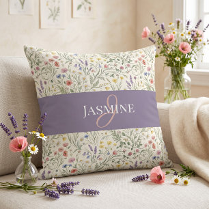 Paarse Waterverf Wilde Bloem Boho Monogram Naam Kussen