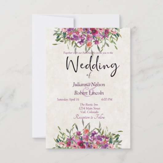 Paarse waterverf wilde bloemen bruiloft kaart (Voorkant)
