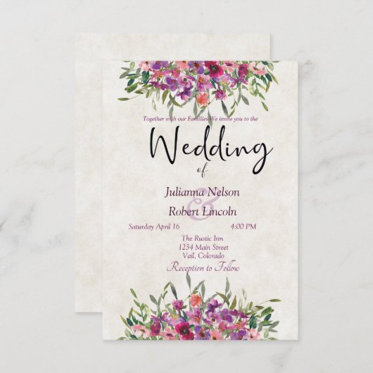 Paarse waterverf wilde bloemen bruiloft kaart (Voorkant / Achterkant)