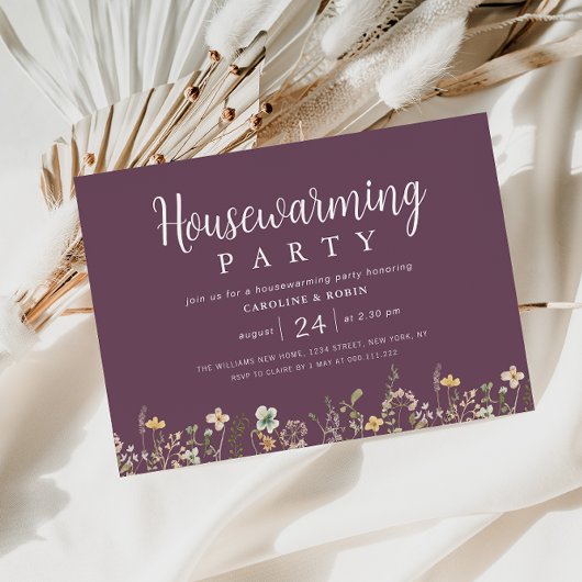 paarse waterverf wilde bloemen housewarming party kaart