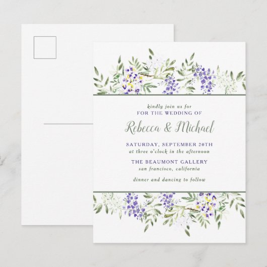 Paarse Waterverf Wisteria Floral Wedding Uitnodiging Briefkaart (Voorkant / Achterkant)