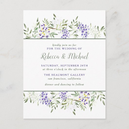 Paarse Waterverf Wisteria Floral Wedding Uitnodiging Briefkaart (Voorkant)
