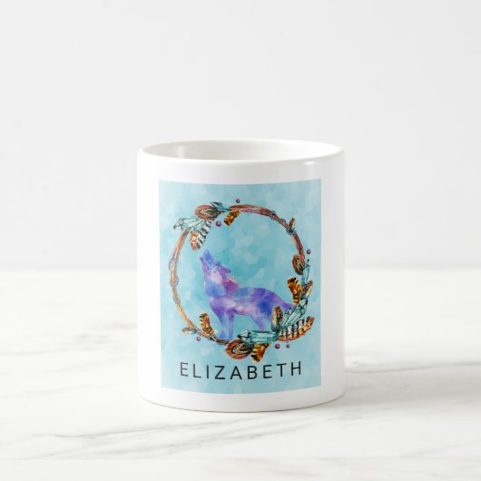 Paarse Waterverf Wolf met een Boho WreatCustom Koffiemok (Center)