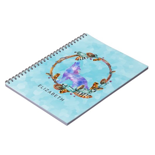 Paarse Waterverf Wolf met een Boho WreatCustom Notitieboek (Linkerzijde)