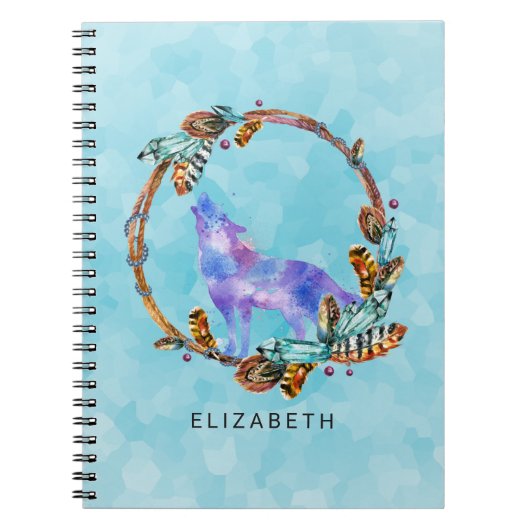 Paarse Waterverf Wolf met een Boho WreatCustom Notitieboek (Voorkant)