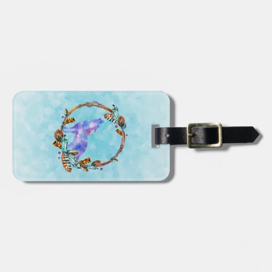 Paarse Waterverf Wolf met een Boho Wreath Bagagelabel (Voorkant horizontaal)